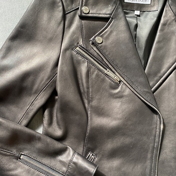 Calvin Klein Biker Leather Jacket Women’s in Black with Silver Hardware - Picture 7 of 10